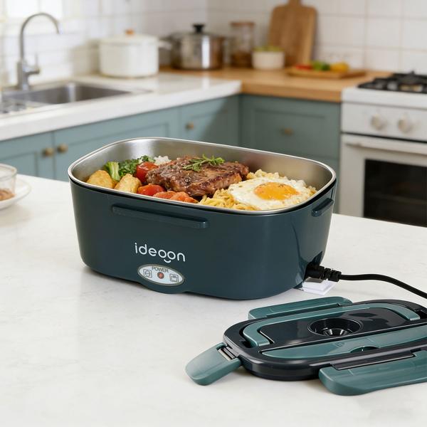 Lunch box électrique 60W – chauffe-plats en acier inoxydable 1,5L (12V/24V) & prise secteur – incl. sac isotherme, couverts en acier inoxydable & boîte supplémentaire 375ml