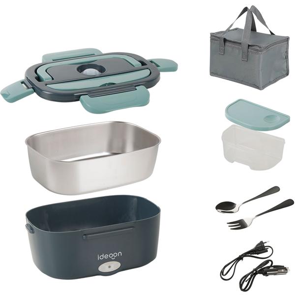 Lunch box électrique 60W – chauffe-plats en acier inoxydable 1,5L (12V/24V) & prise secteur – incl. sac isotherme, couverts en acier inoxydable & boîte supplémentaire 375ml