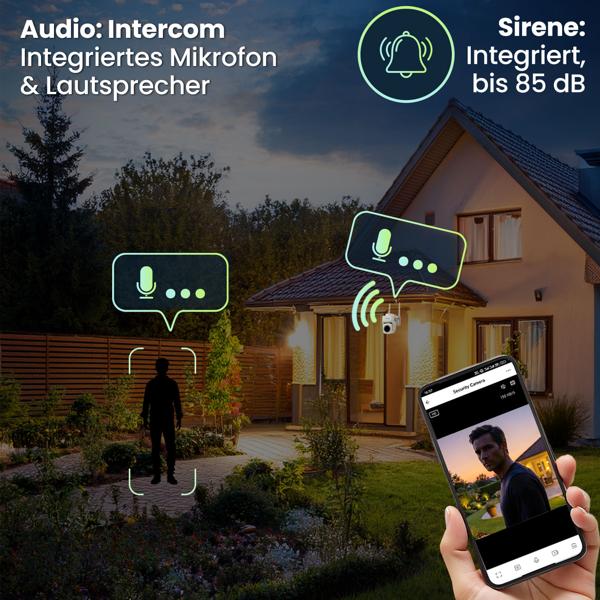 Outdoor Überwachungskamera 2K WLAN IP65 Wetterfest: 355 Grad Aussen-Kamera mit Personenerkennung, App, Nachtsicht & Intercom-System