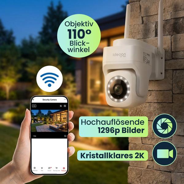 Outdoor Überwachungskamera 2K WLAN IP65 Wetterfest: 355 Grad Aussen-Kamera mit Personenerkennung, App, Nachtsicht & Intercom-System