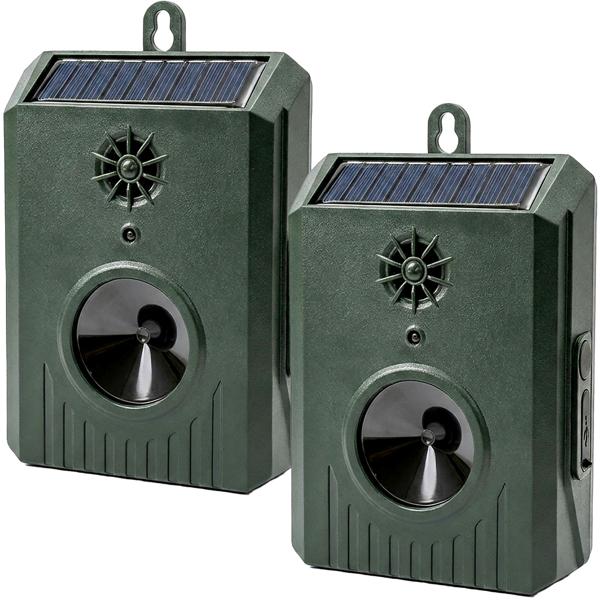Lot de 2 répulsifs solaires à ultrasons pour oiseaux, dispositif mobile anti-pigeons, IP54 étanche, mode par intervalles contre l’habituation, lot effaroucheur de pigeons 8–35 kHz
