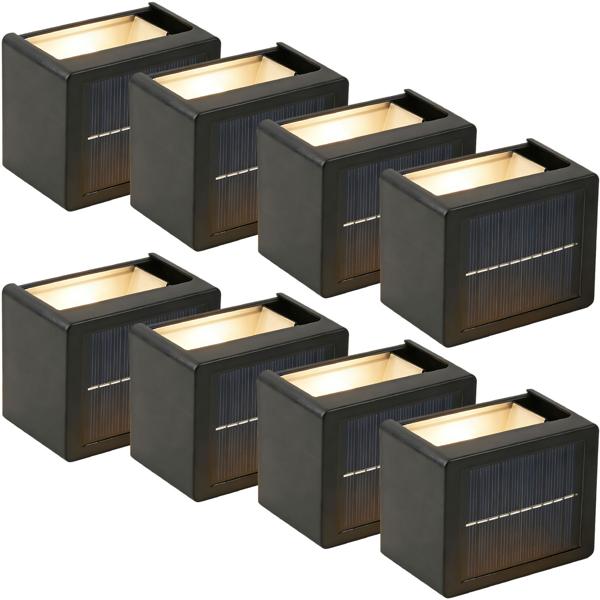 8er Set LED Solar Wandleuchte für Aussen: Warmweiss/Kaltweiss Garten-Lampe mit Akku & Sensor, IP44 Wasserfest, Deko Strahler für Zaun & Wand