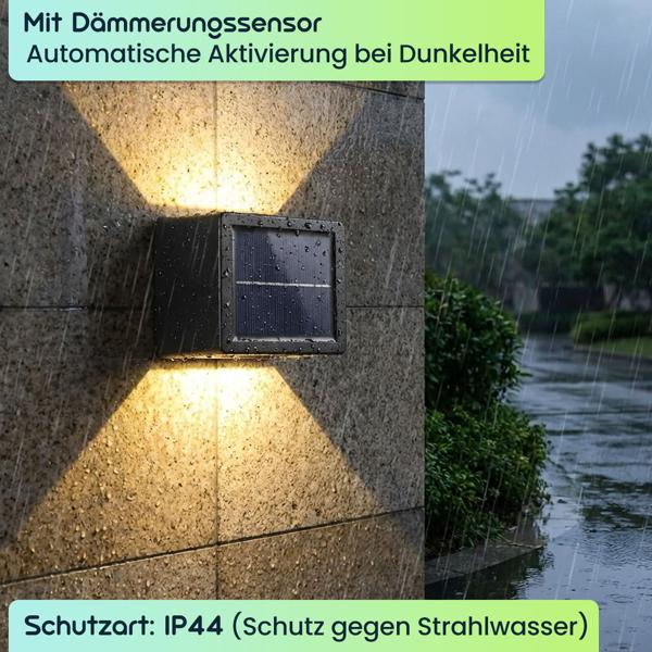 8er Set LED Solar Wandleuchte für Aussen: Warmweiss/Kaltweiss Garten-Lampe mit Akku & Sensor, IP44 Wasserfest, Deko Strahler für Zaun & Wand