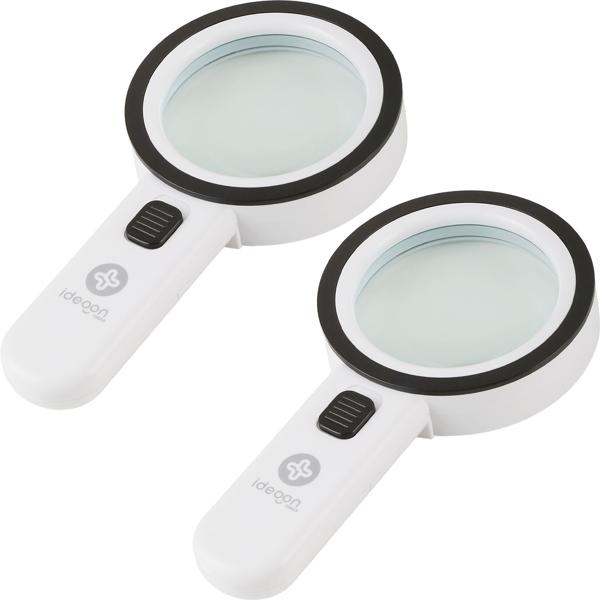 Set of 2 LED hand magnifiers with illumination, 5x magnification, 80 mm glass lens, 12 bright LEDs, ergonomic handle with switch, reading magnifier for seniors