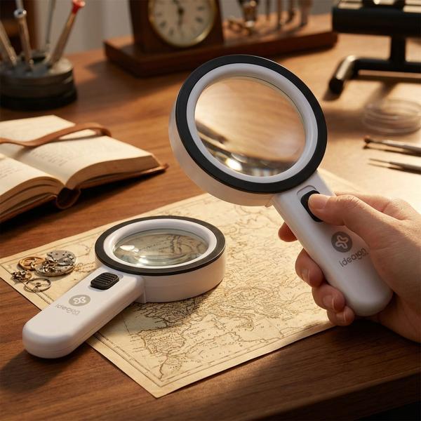 Set of 2 LED hand magnifiers with illumination, 5x magnification, 80 mm glass lens, 12 bright LEDs, ergonomic handle with switch, reading magnifier for seniors