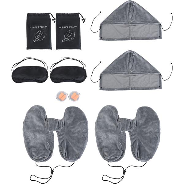2er-Set Bequemes H-Form Reisekissen aufblasbar mit Kapuze, Nackenhörnchen-Set inkl. Augenmaske & Ohrstöpsel, ideal für Flugzeug & Auto, Grau, 35x32cm