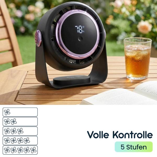 2er-Set Akku Ventilator mit Digitalanzeige: Tischventilator, 5 Stufen, USB-C, tragbares Gebläse mit Haken - ideal für Büro, Camping & Reisen