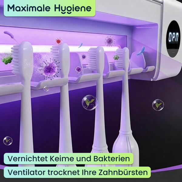 2er-Set UV Zahnbürstenhalter: Hygienischer Sterilisator für 4 Bürsten, Wandmontage ohne Bohren, USB-Akku, LCD & Trocknung, weiss, 22cm