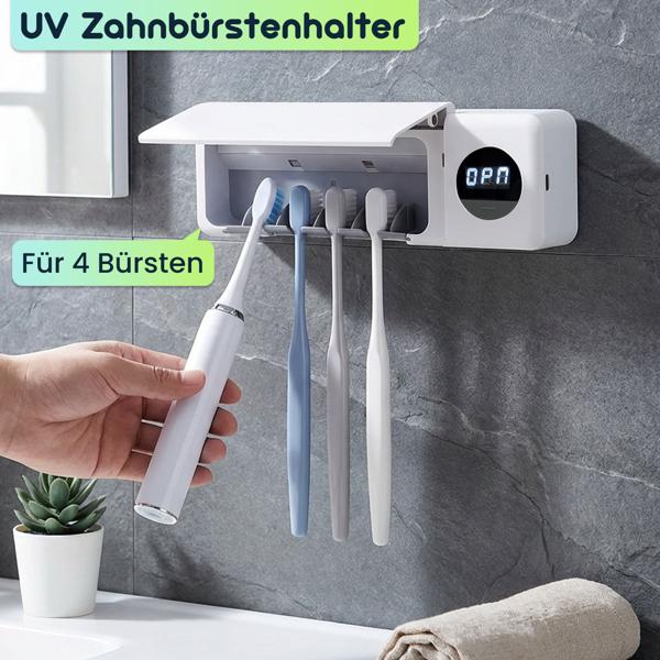 2er-Set UV Zahnbürstenhalter: Hygienischer Sterilisator für 4 Bürsten, Wandmontage ohne Bohren, USB-Akku, LCD & Trocknung, weiss, 22cm