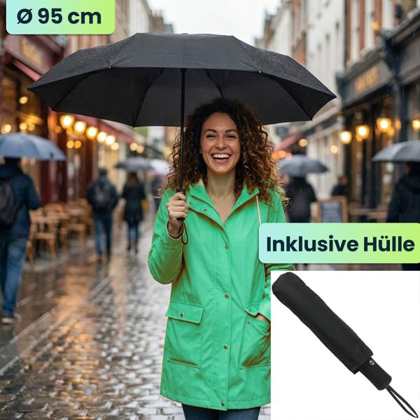 2er-Set Kompakter Automatik-Regenschirm in Schwarz - Ø 95cm - Windfester Taschenschirm mit Fiberglas-Rippen & Schutzhülle - Schnelltrocknend & Robust
