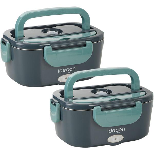 Lot de 2 lunchbox électriques 60W – chauffe-plats en acier inoxydable 1,5L (12V/24V) & prise secteur – incl. sac isotherme, couverts en acier inoxydable & boîte supplémentaire 375ml