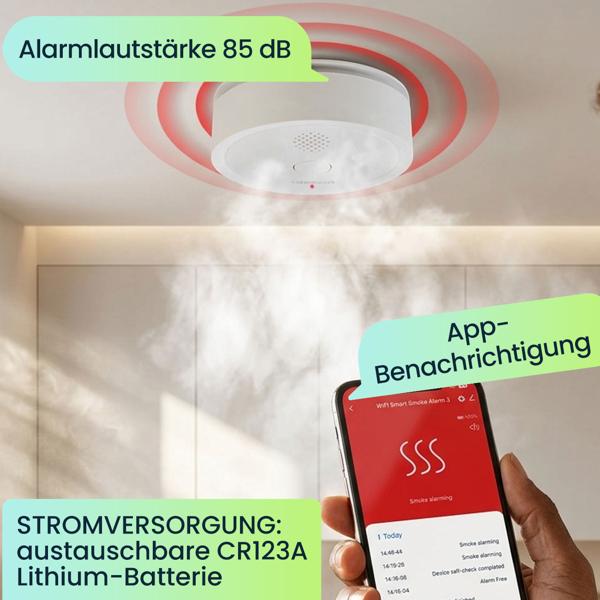 WLAN Rauchmelder mit App-Benachrichtigung – Smart vernetzter Feuermelder nach EN 14604 mit 85dB Alarm & 5 Jahren CR123A Batterielebensdauer