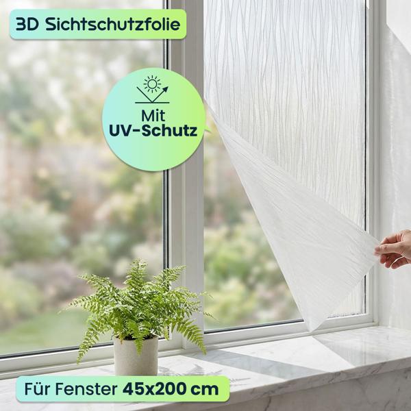 3D Sichtschutzfolie Wellendesign für Fenster 45x200 cm - Statisch haftende Blickschutzfolie mit UV-Schutz  - Wiederverwendbare Dekofolie