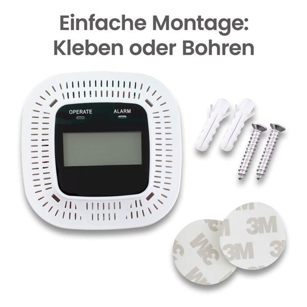 Digitaler Kohlenmonoxid-Detektor, CO-Melder mit LCD-Anzeige, optischem & akustischem Warnsignal, DIN EN 50291 zertifiziert