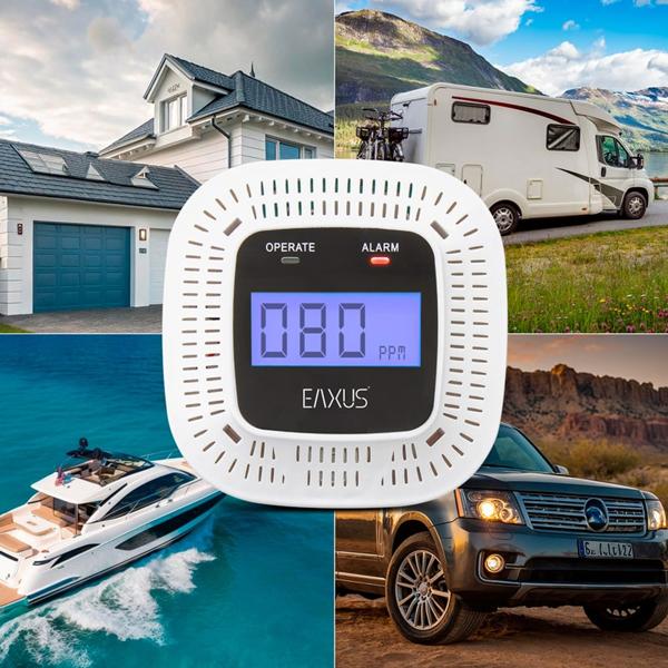 Set of 3 digital carbon monoxide detectors, CO alarms with LCD display, visual & acoustic warning signal, DIN EN 50291 certified