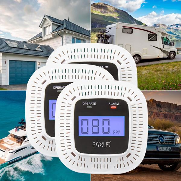 Set of 3 digital carbon monoxide detectors, CO alarms with LCD display, visual & acoustic warning signal, DIN EN 50291 certified