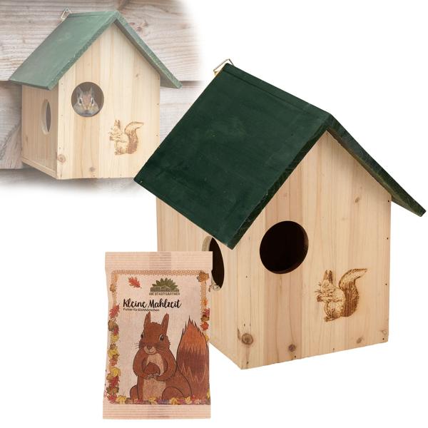 Set da 2 casette per scoiattoli in legno con 3 aperture di fuga e mangime per scoiattoli “Piccolo pasto“ – nocciole, noci, cinorrodi, uvetta, pinoli di cedro, 25 g