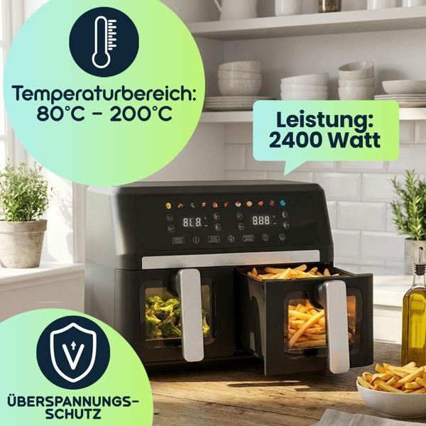 Doppelkorb Heissluftfritteuse 9L Dual Zone Air Fryer – 2x 4,5L Körbe mit Sichtfenster 2400W – LED Touch Display – XXL Heissluft Fritteuse Doppelkammer
