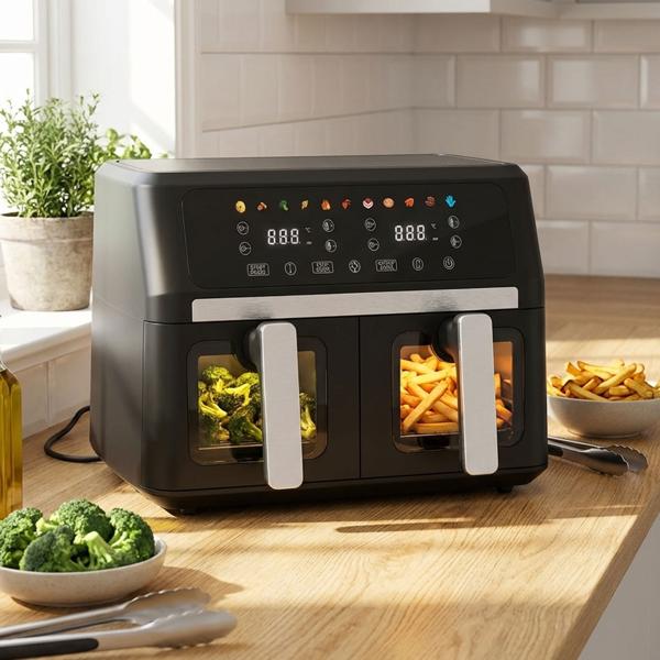 Dual-basket 9L hot air fryer Dual Zone Air Fryer – 2 x 4.5L baskets with viewing window 2400W – LED touch display – XXL dual-chamber hot air fryer