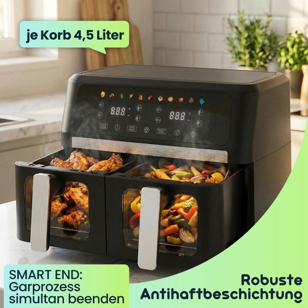 Doppelkorb Heissluftfritteuse 9L Dual Zone Air Fryer – 2x 4,5L Körbe mit Sichtfenster 2400W – LED Touch Display – XXL Heissluft Fritteuse Doppelkammer