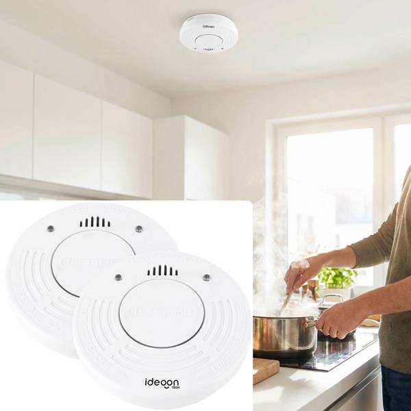 Set of 2 premium smoke alarms with 10‑year battery life – certified to DIN EN 14604 with extra‑loud 85 dB alarm signal and lithium battery