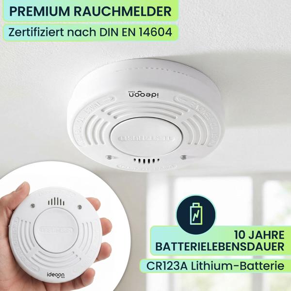 2er-Set Premium Rauchmelder mit 10 Jahren Batterielebensdauer - Zertifiziert nach DIN EN 14604 mit extra lautem 85dB Alarmsignal und Lithium Batterie