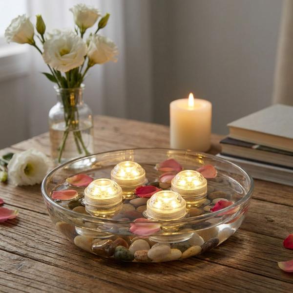 Set da 4 tea light LED bianco caldo, IP68 impermeabili per piscina, vasca da bagno, piatti decorativi, luce subacquea, decorazione da giardino - sommergibili e d‘atmosfera
