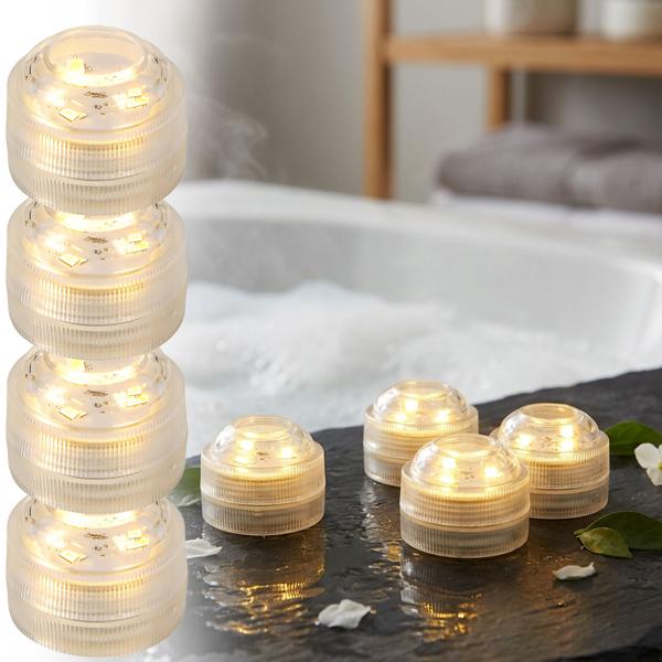 Set da 4 tea light LED bianco caldo, IP68 impermeabili per piscina, vasca da bagno, piatti decorativi, luce subacquea, decorazione da giardino - sommergibili e d‘atmosfera