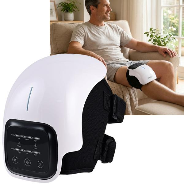 Appareil de massage wellness pour genou avec chaleur infrarouge, laser froid & vibrations – relaxant, bienfaisant & sans fil avec écran tactile LED moderne