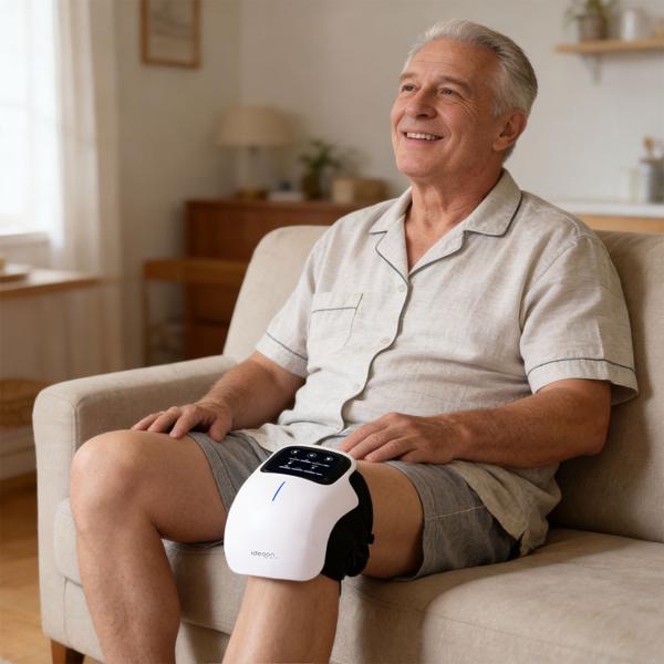 Appareil de massage wellness pour genou avec chaleur infrarouge, laser froid & vibrations – relaxant, bienfaisant & sans fil avec écran tactile LED moderne