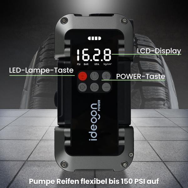Leistungsstarke 2in1 Kfz-Starthilfe und Kompressor – Zuverlässige 18.000mAh Powerbank mit integrierter 150 PSI Luftpumpe, LCD Display