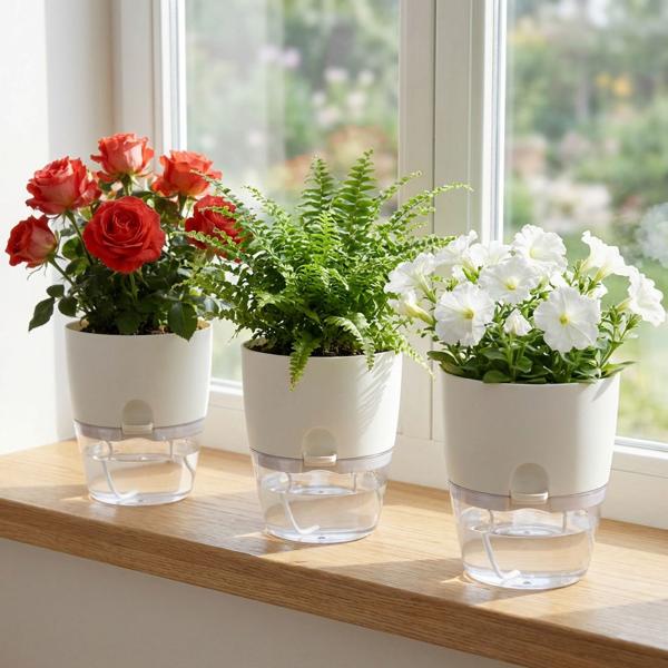 3er-Set Blumentopf selbstbewässernd 18.5cm aus Kunststoff: modernes Pflanzgefäss mit Bewässerungssystem - Wasserspeicher & Docht für Zimmerpflanzen