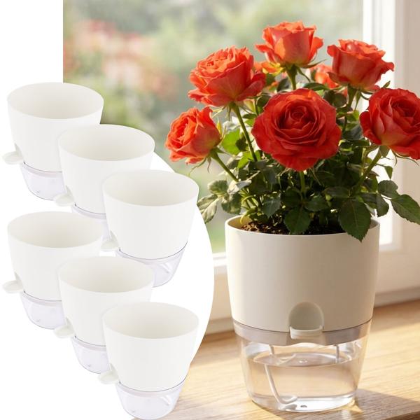 6er-Set Blumentopf selbstbewässernd 18.5cm aus Kunststoff: modernes Pflanzgefäss mit Bewässerungssystem - Wasserspeicher & Docht für Zimmerpflanzen