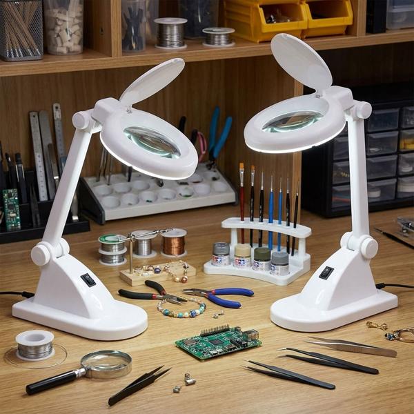 Set of 2 LED magnifying lamps, 1.75x magnification, 6 W, 400 lumens, lens with Ø90 mm – precise work light for handicrafts, cosmetics, crafting, repairs