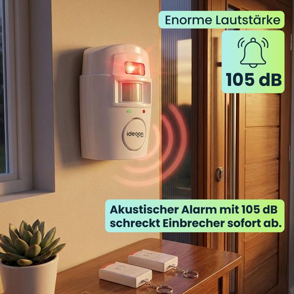 Zuverlässige PIR Alarmanlage mit 2 Fernbedienungen – Lauter 105 dB Hausalarm & Einbruchschutz für Garage, Büro & Zimmer - Einfache Montage