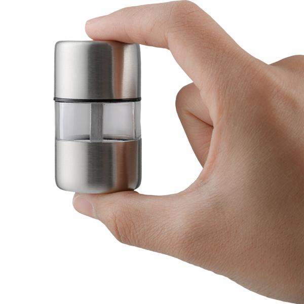 Set of 4 mini salt and pepper mills made of stainless steel with ceramic grinder – spice mill for salt, pepper, herbs – acrylic viewing window – silver