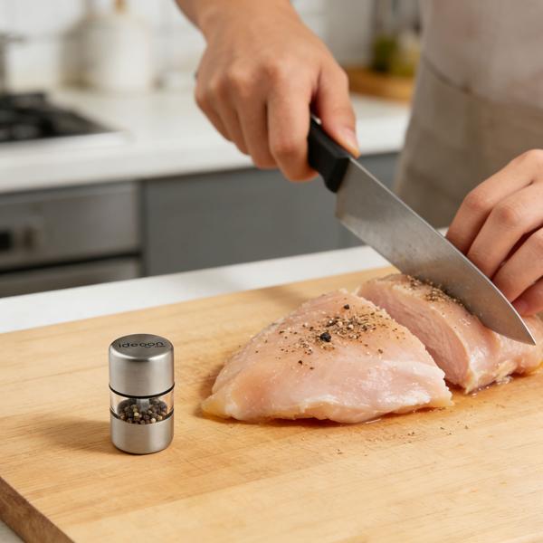 Set of 4 mini salt and pepper mills made of stainless steel with ceramic grinder – spice mill for salt, pepper, herbs – acrylic viewing window – silver