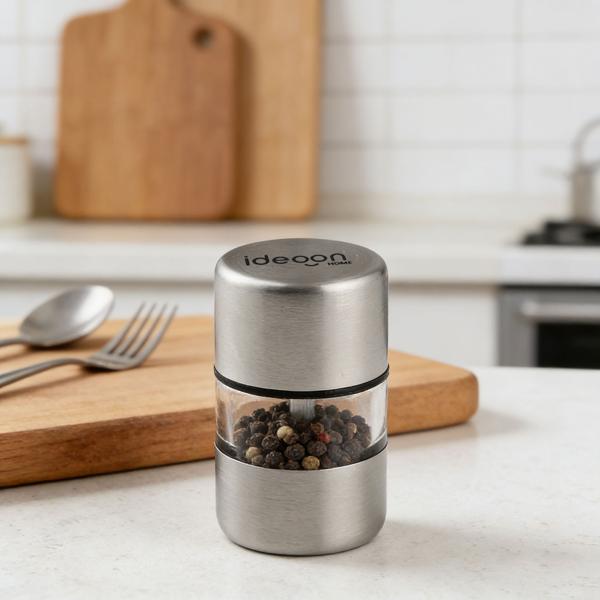 Set of 4 mini salt and pepper mills made of stainless steel with ceramic grinder – spice mill for salt, pepper, herbs – acrylic viewing window – silver