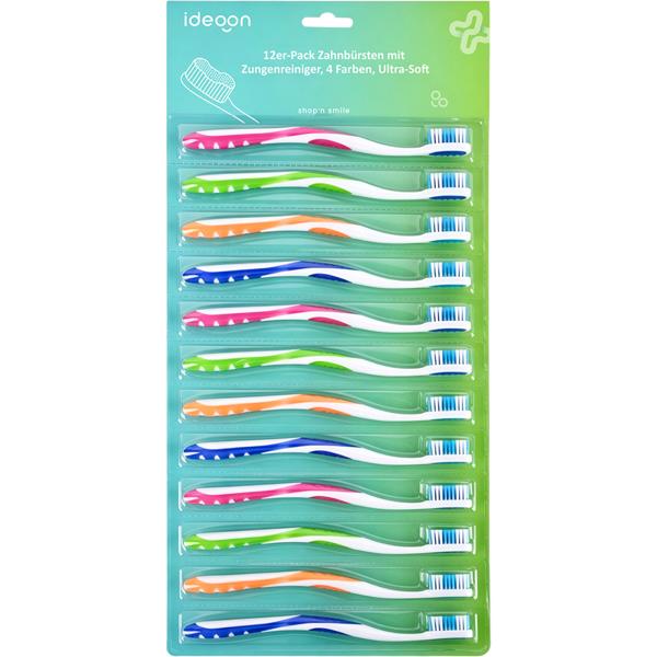 Toothbrushes 12-pack with tongue cleaner – ultra-soft manual toothbrush set in 4 colours for the family – non-slip handle for optimal care