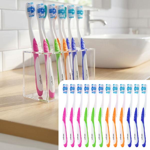 Toothbrushes 12-pack with tongue cleaner – ultra-soft manual toothbrush set in 4 colours for the family – non-slip handle for optimal care