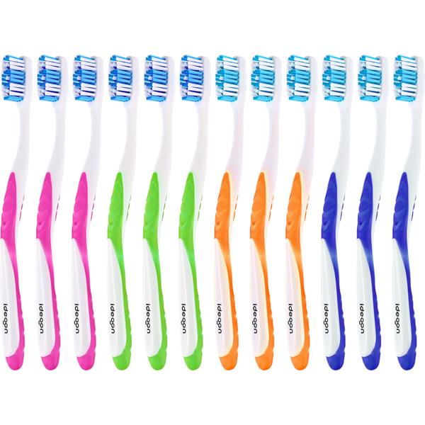 Toothbrushes 12-pack with tongue cleaner – medium manual toothbrush set in 4 colours for the family – non-slip handle for optimal care