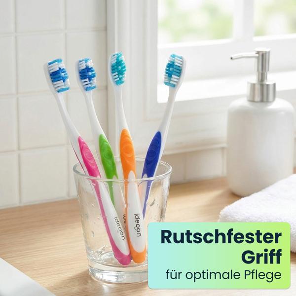 Zahnbürsten 12er-Pack mit Zungenreiniger – Medium Handzahnbürsten Set in 4 Farben für die Familie – Rutschfester Griff für optimale Pflege