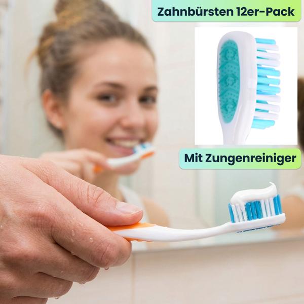Zahnbürsten 12er-Pack mit Zungenreiniger – Medium Handzahnbürsten Set in 4 Farben für die Familie – Rutschfester Griff für optimale Pflege