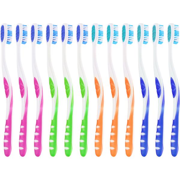 Toothbrushes 12-pack with tongue cleaner – medium manual toothbrush set in 4 colours for the family – non-slip handle for optimal care