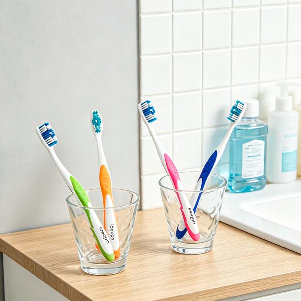 Toothbrushes 12-pack with tongue cleaner – medium manual toothbrush set in 4 colours for the family – non-slip handle for optimal care