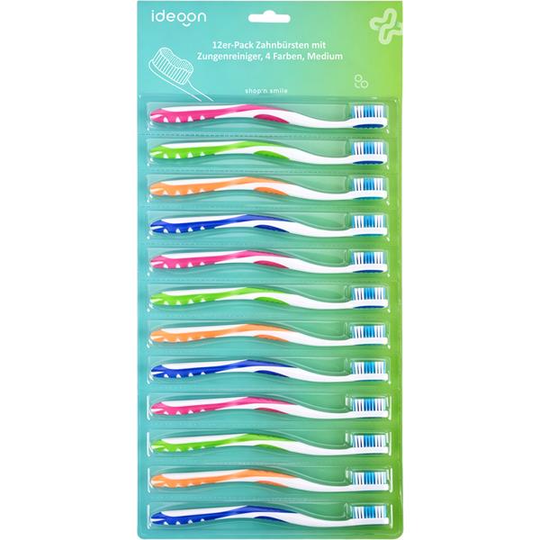Toothbrushes 12-pack with tongue cleaner – medium manual toothbrush set in 4 colours for the family – non-slip handle for optimal care