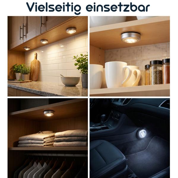Helle LED-Unterbauleuchten 3er-Set mit Touch-Control, batteriebetriebene Schrankleuchten, selbstklebend - kabellose Push-Lights für Schränke
