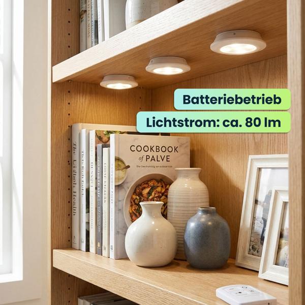 LED Unterbauleuchten 3er Set mit Fernbedienung & Touch - Batteriebetrieben Dimmbar Neutralweiss - Selbstklebende Spotlights mit Timer Ø9x2cm 3W