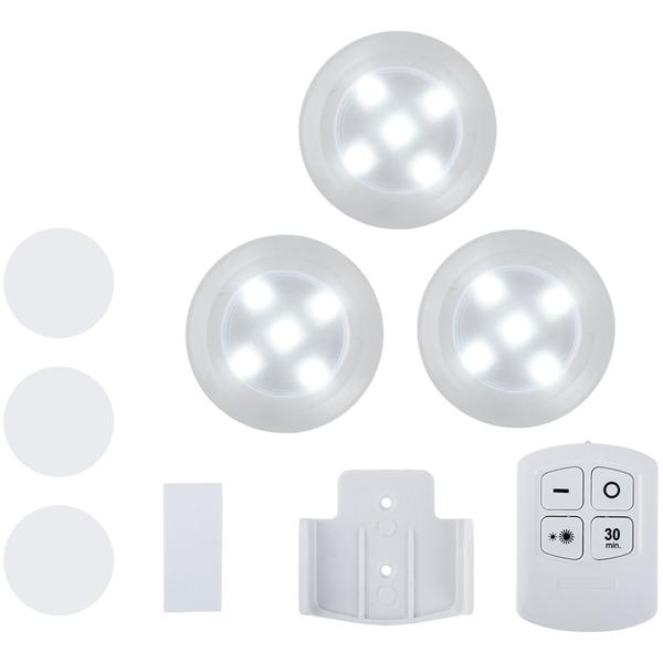 Lampes LED sous meuble set de 3 avec télécommande & fonction tactile – à piles, dimmables blanc neutre – spots autoadhésifs avec minuterie Ø9x2cm 3W