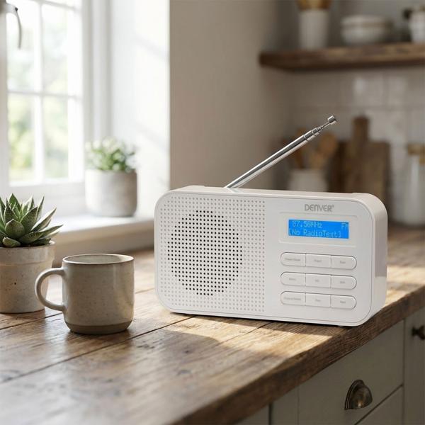 Radio numérique DAB+/FM compacte, blanche : réveil, son cristallin, portable et compacte – parfaite pour la cuisine, le salon et la chambre